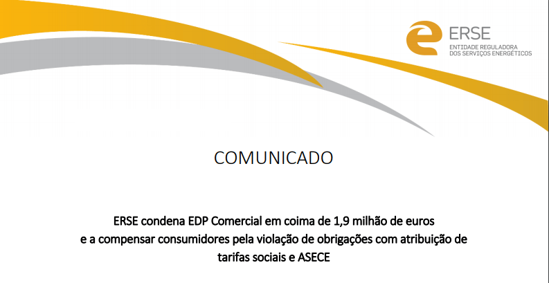 ERSE condena EDP Comercial em coima de 1,9 milhão de euros